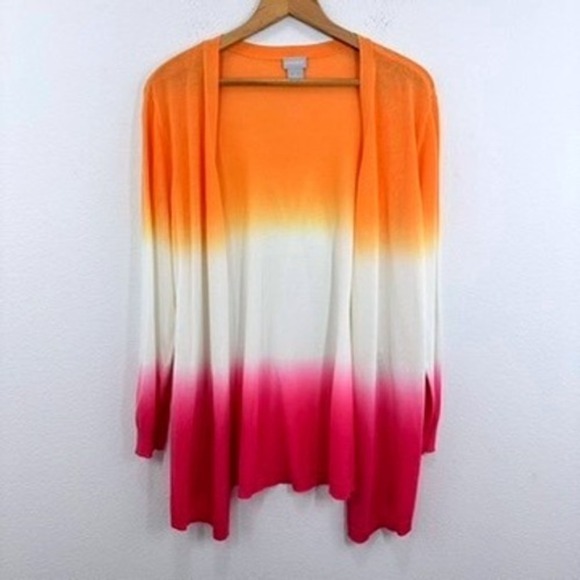 Chico's Ombre‎ Cardigan Sweater Orange White Pink Open Front Knit Size Large NWT - Picture 1 of 11